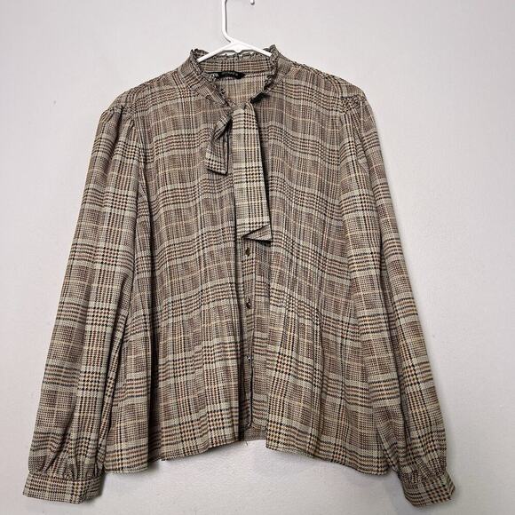 Zara Tops - Zara Women's plaid pleated blouse high collar tie bow Blouse Sz M Babydoll